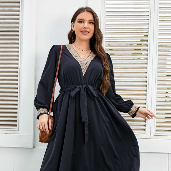 Melo Apparel Plus Size Contrast Tie Waist Midi Dress - Picture 2 of 8